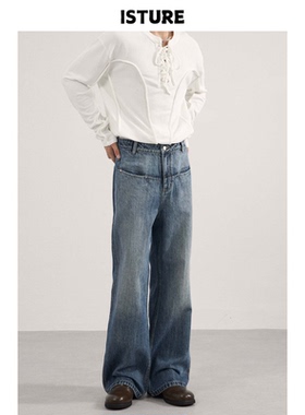 ISTURE美式cleanfit猫须竹节纹做旧微喇牛仔裤男女宽松休闲长裤子