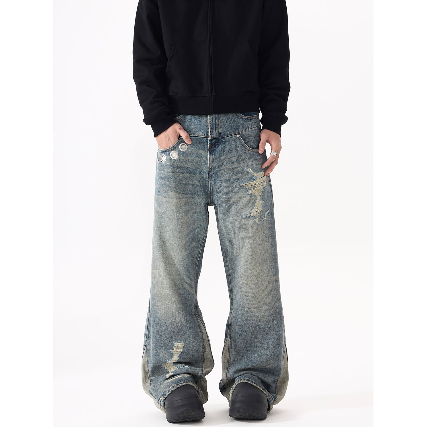 ISTURE美式复古解构破洞设计感牛仔裤情侣百搭水洗做旧宽松长裤潮