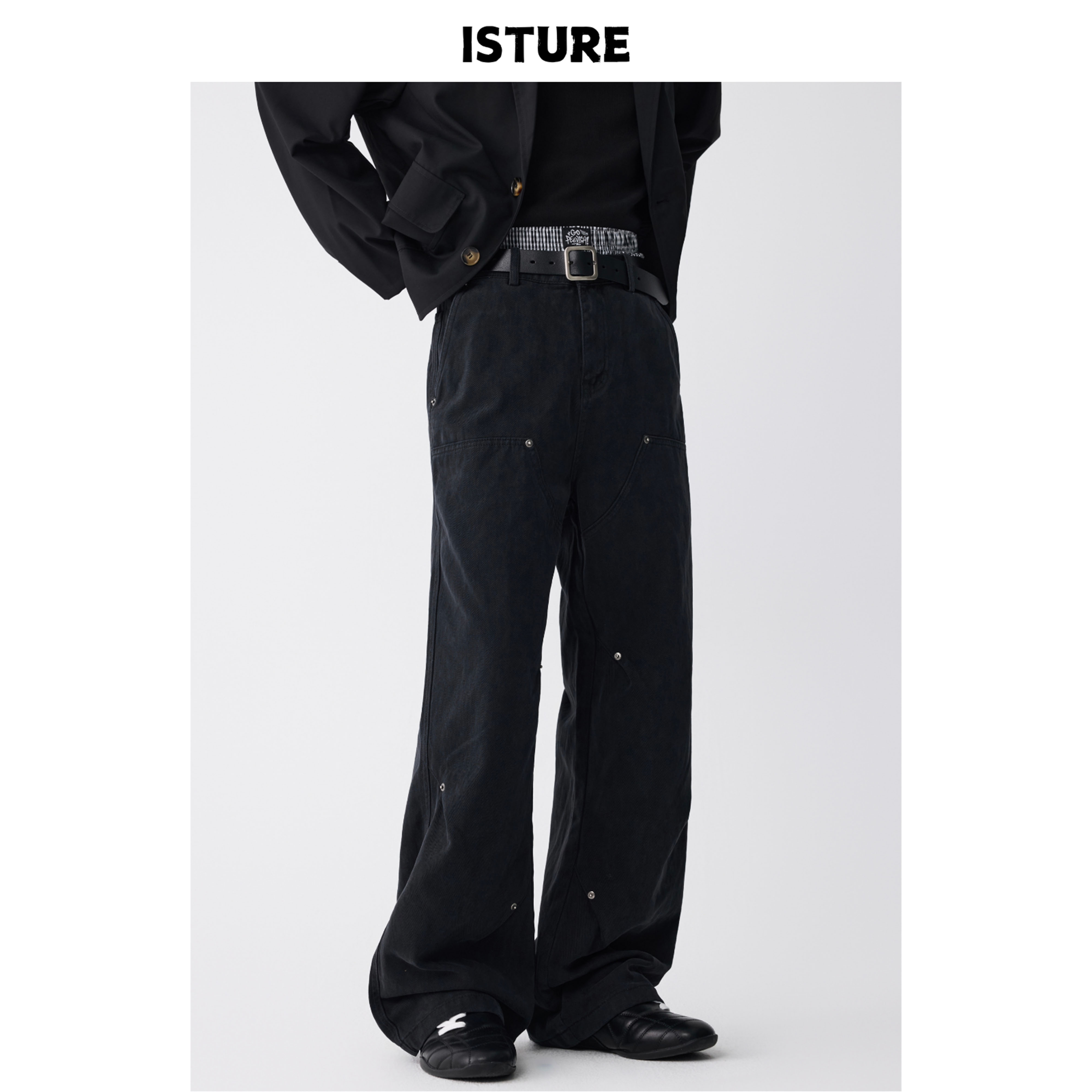 ISTURE美式高街cleanfit微喇铆钉伐木牛仔裤男女宽松百搭休闲长裤