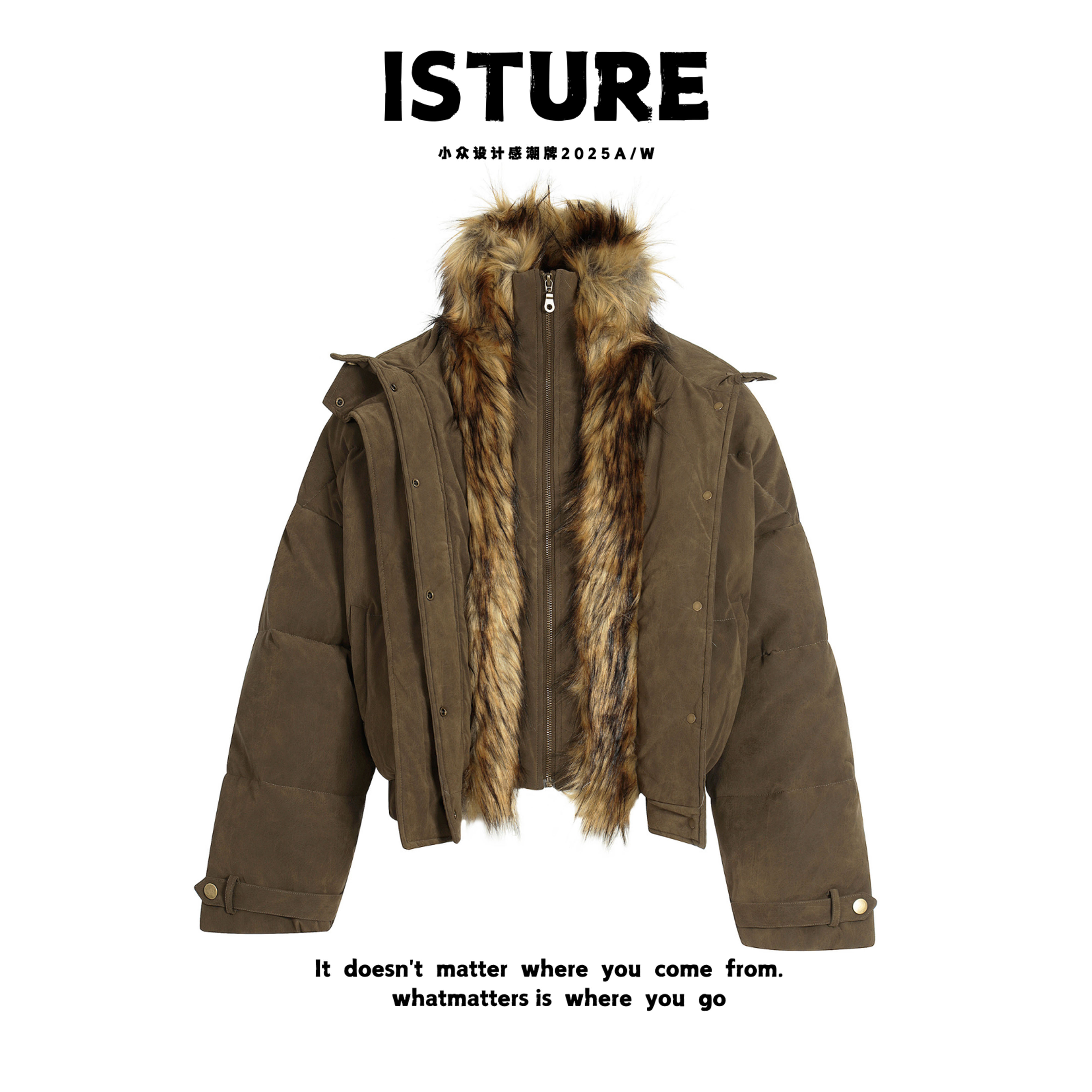 ISTURE美式复古假两件毛领座山雕皮衣棉服情侣宽松休闲慵懒冬外套