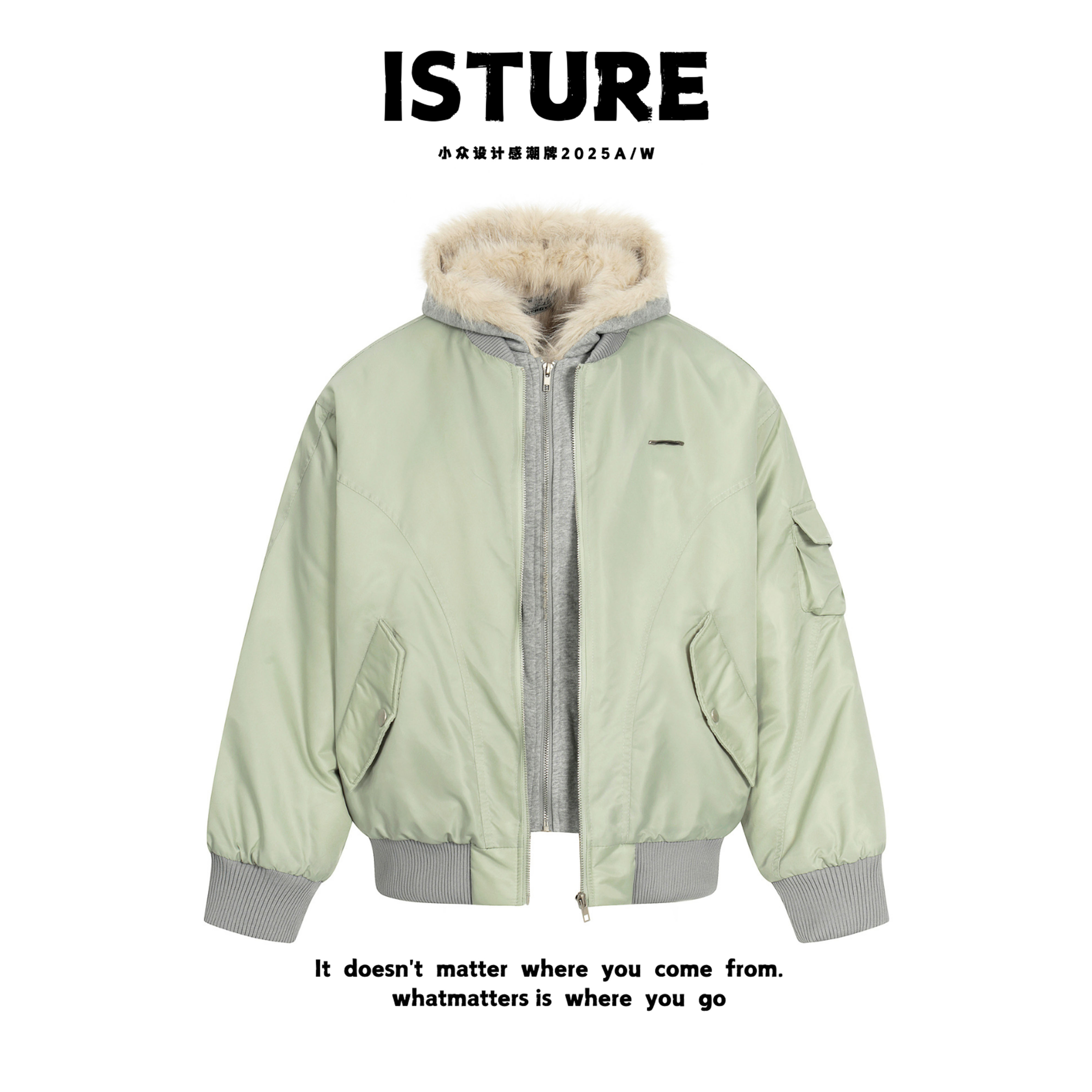 ISTURE美式复古假两件毛领座山雕连帽棉服情侣宽松百搭休闲冬外套