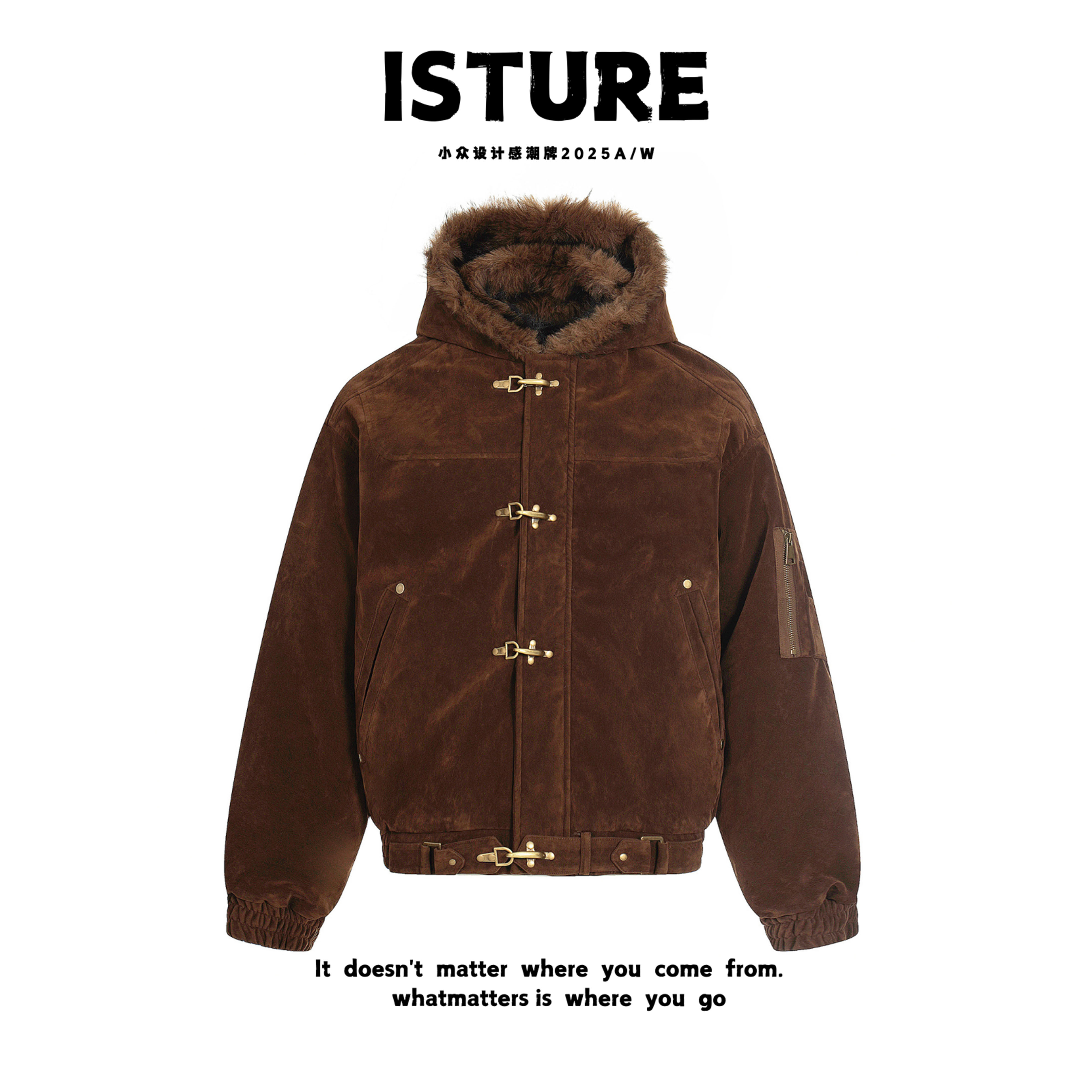 ISTURE美式复古麂皮绒飞机扣毛领连帽棉服情侣宽松百搭休闲冬外套