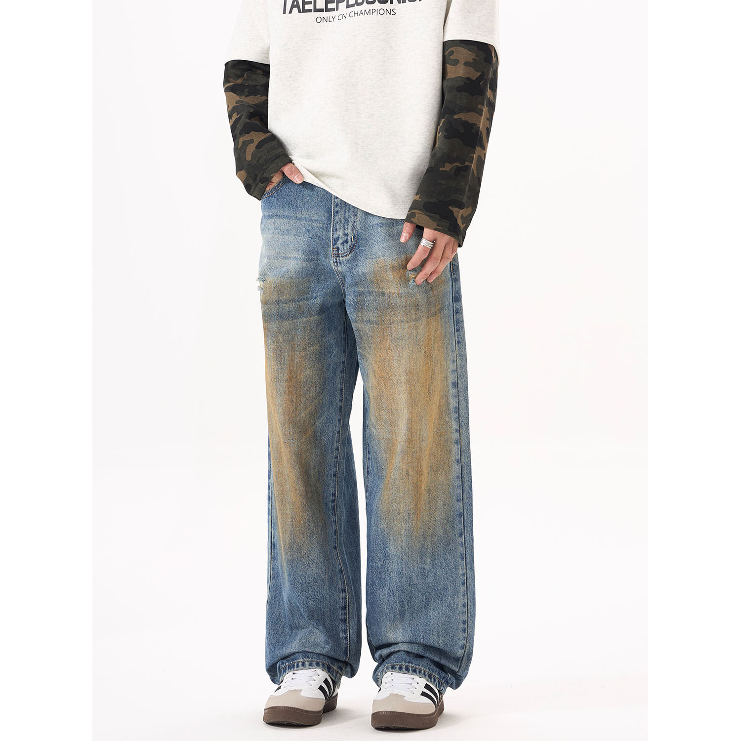 ISTURE美式复古扎染刮烂设计牛仔裤男女款直筒做旧铁锈阔腿长裤潮