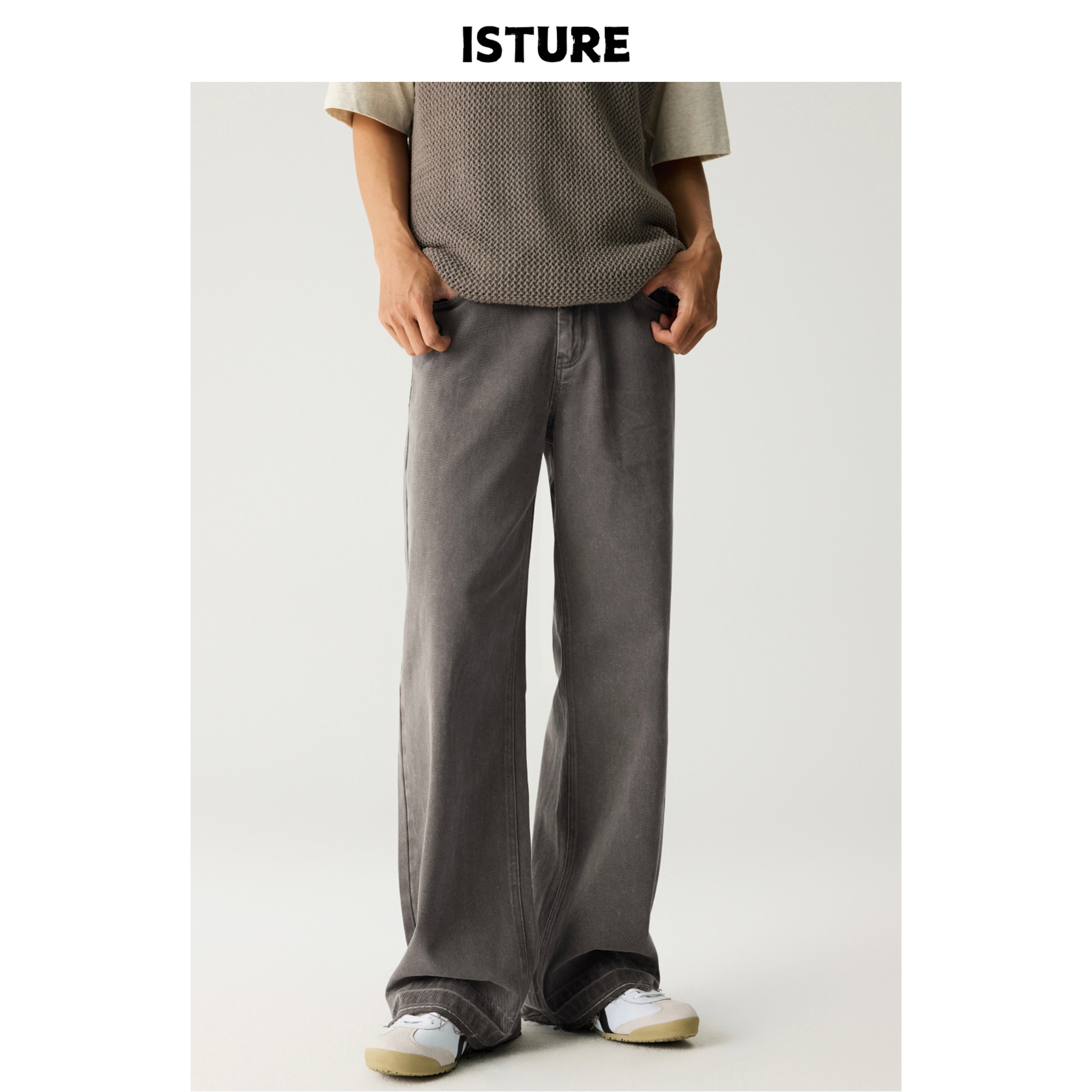 ISTURE美式复古高街裤脚毛边休闲裤男女宽松阔腿垂感拖地百搭长裤