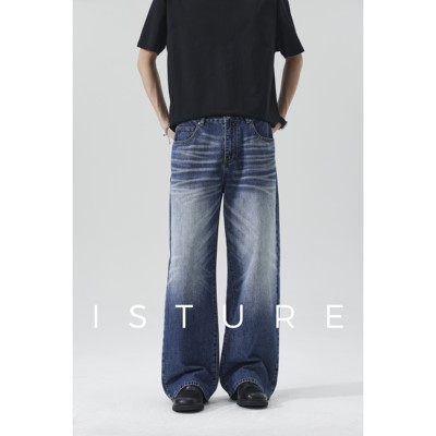 ISTURE美式复古水洗做旧猫须深色牛仔裤男女宽松休闲阔腿垂感长裤