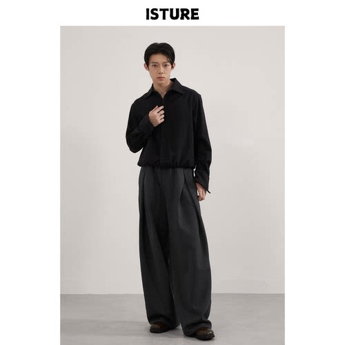 ISTURE美式复古老钱风褶皱弯刀休闲卫裤男女宽松阔腿垂感拖地长裤
