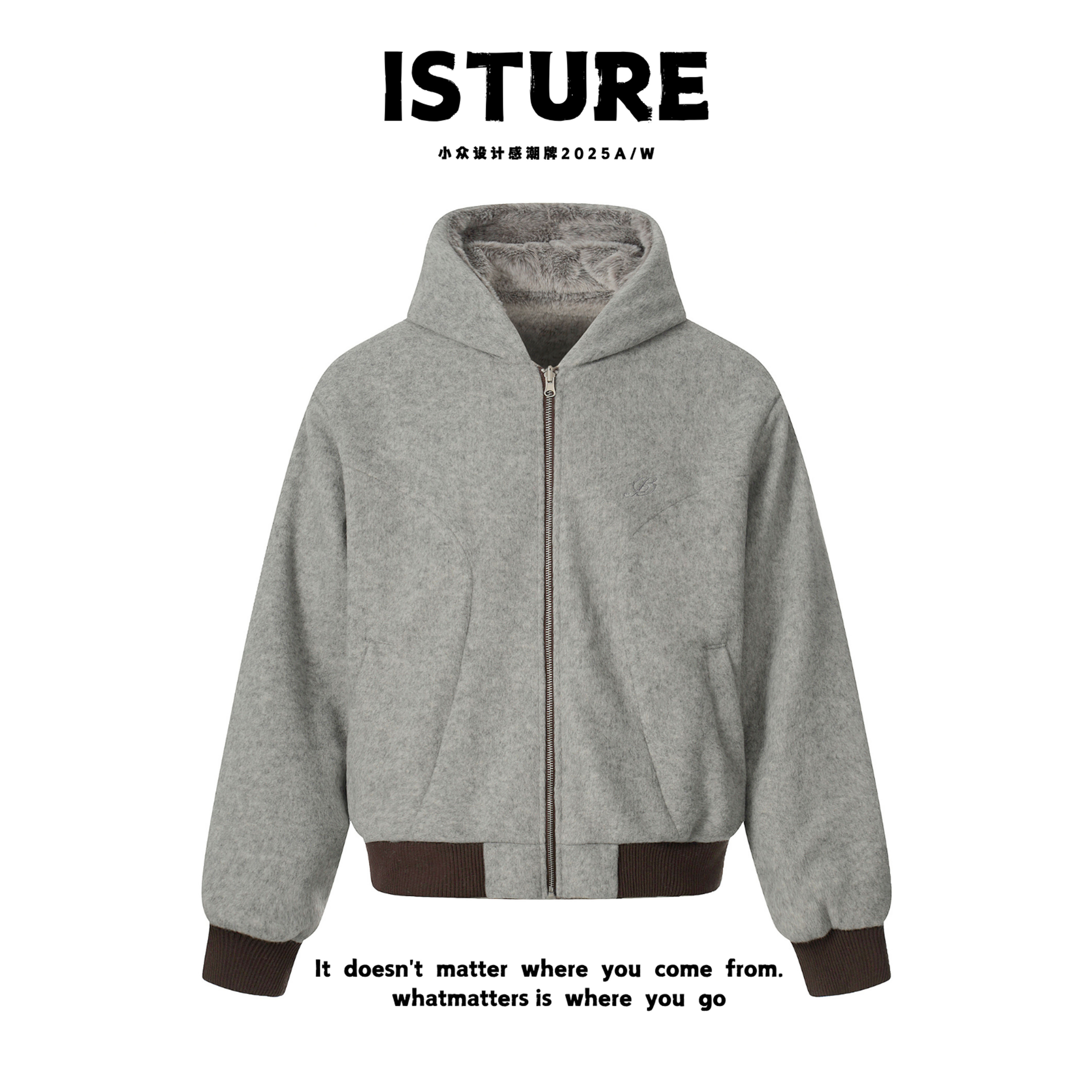 ISTURE美式复古cleanfit毛绒双面穿连帽棉服情侣宽松加厚冬季外套