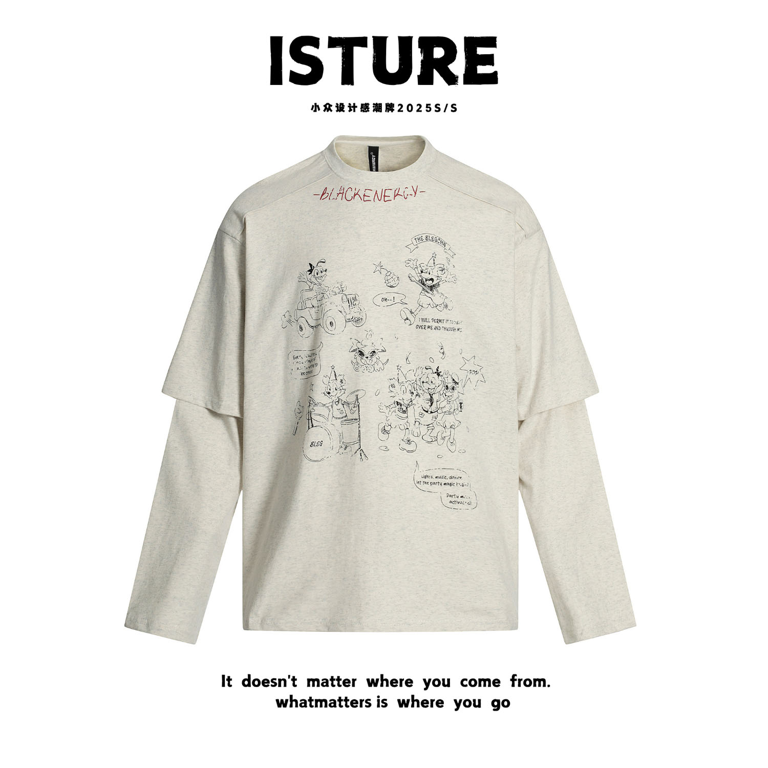 ISTURE 美式复古趣味卡通印花假两件长袖T恤情侣宽松休闲百搭卫衣