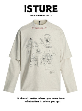 ISTURE 美式复古趣味卡通印花假两件长袖T恤情侣宽松休闲百搭卫衣