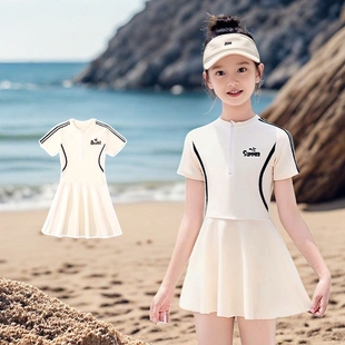 女童新款连体泳衣纯色阳光带裙短袖学生运动训练温泉拉链游泳衣