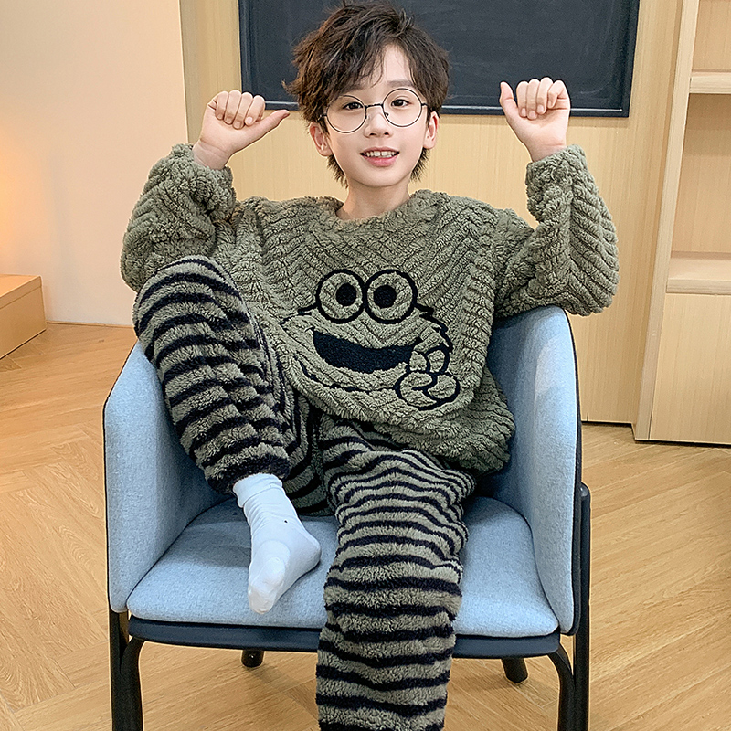 全棉纯棉 男童睡衣儿童秋冬季珊瑚绒加绒加厚2025新款家居服套装