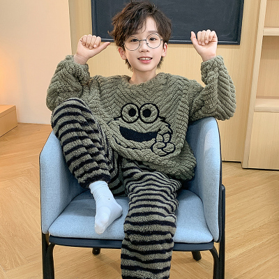 全棉纯棉 男童睡衣中大童秋冬季珊瑚绒加绒加厚2025新家居服套装