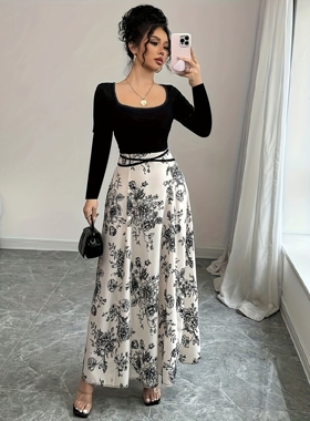 2025欧美跨境外贸 秋季新款TEMU热销黑白撞色大摆连衣裙