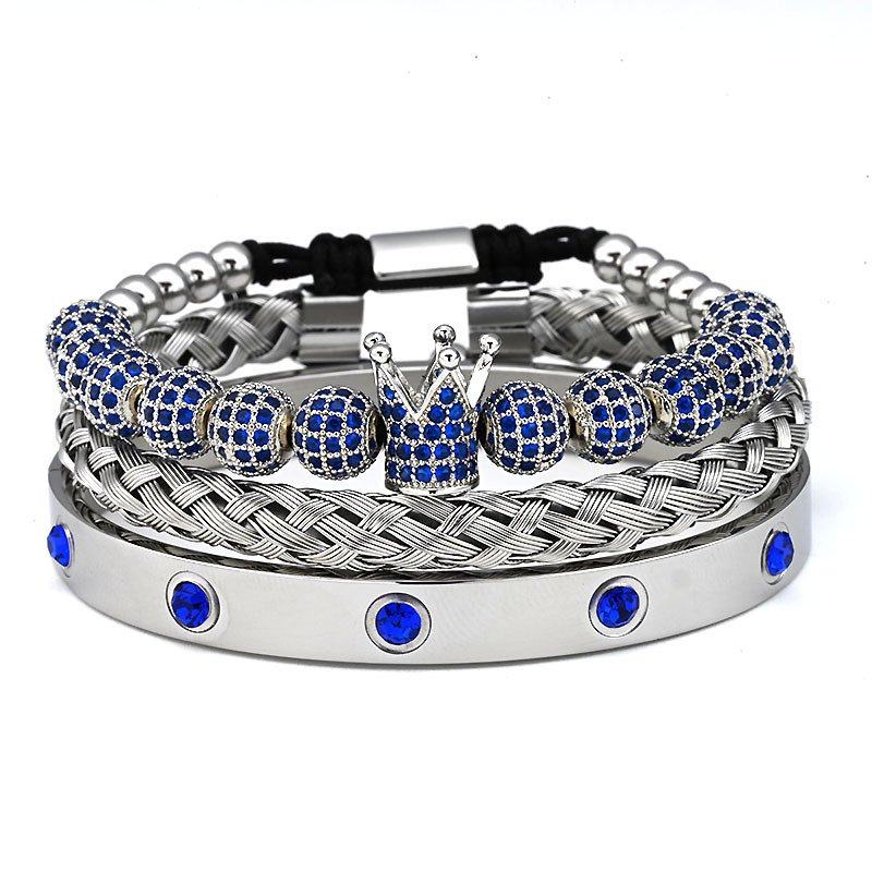 跨境亚马逊微镶蓝锆石皇冠钻球编织手链 卡扣不锈钢钛钢手镯套装,饰品/流行首饰/时尚饰品新,银饰手链,淘宝优惠券,粉丝福利购,淘宝优惠卷