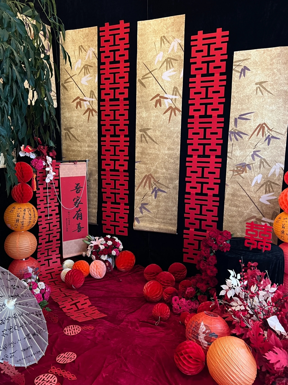 速发长喜条中外挂布条幅结婚婚房方晨袍拍摄背景装饰客厅户内式布