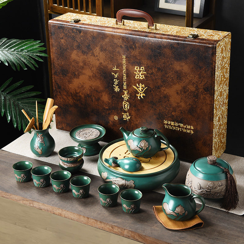 速发汝窑壶具套装功夫茶具茶茶盖办茶叶罐客厅碗公会客复古茶具礼
