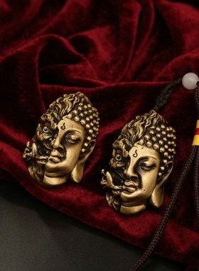 现货速发实心黄铜一念成佛文玩一面之间佛与魔手把件佛魔挂件纯铜