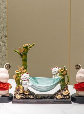 速发公司前台果盘节节高竹子招财猫摆件入户玄关置物收纳托盘神器