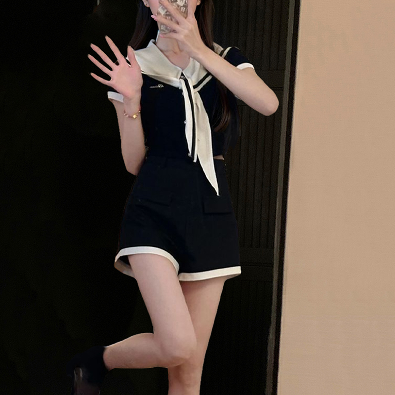 校阅学姐 收腰显瘦美式复古学院风海军领JK上衣短裤套装夏季新款