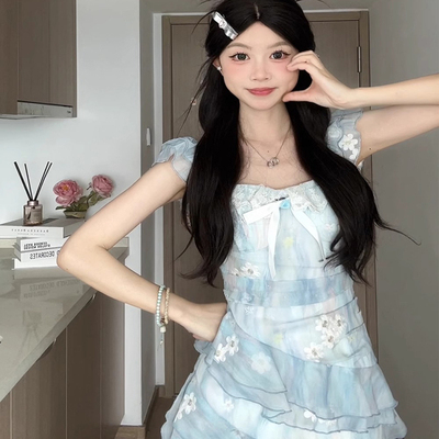 温柔韩系气质海边度假绝美收腰长裙高级感蓝色吊带连衣裙子女夏季