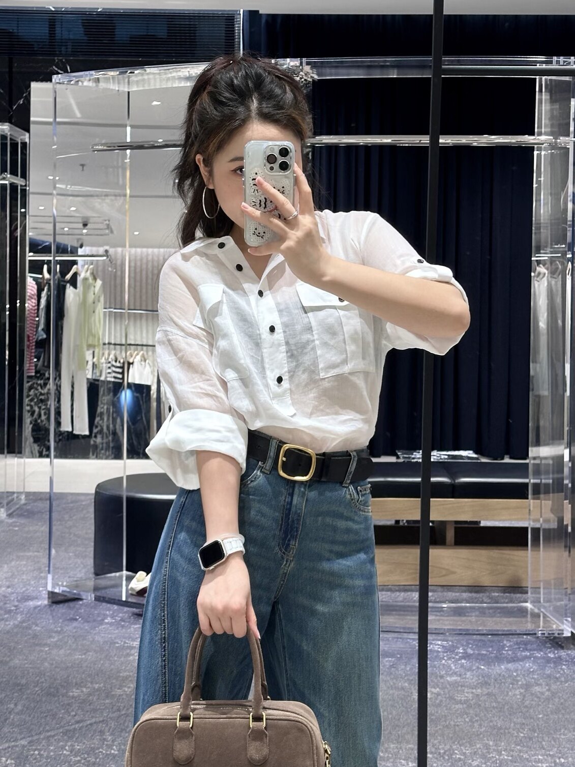 正品2026夏季新品轻薄苎麻袢带挽袖衬衫女工装口袋上衣MBF2TOP056