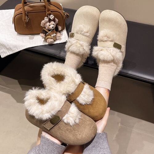 5cm加厚勃肯内增高毛毛鞋一脚蹬雪地靴魔术贴加绒保暖棉鞋96 91