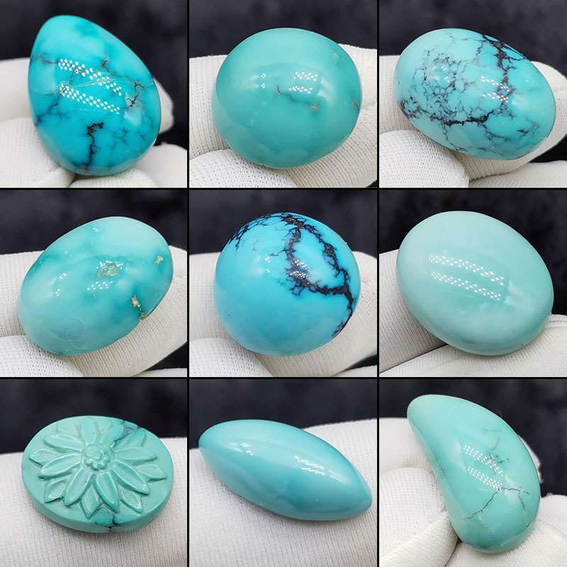 原矿天然蓝绿松石圆形椭圆形戒面蛋面水草花纹散珠镶嵌戒指吊坠面