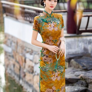優(yōu)雅改良旗袍中國(guó)風(fēng)N媽媽裝 顯瘦旗袍連衣 復(fù)古風(fēng)黃色長(zhǎng)款 2024新款