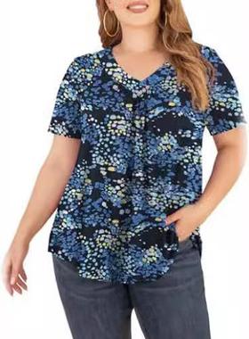 Top Tunic Shirt Floral Collar Henley Sleeve Short Button