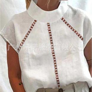 sleeved lace linen shirt cotton short and hollow womens