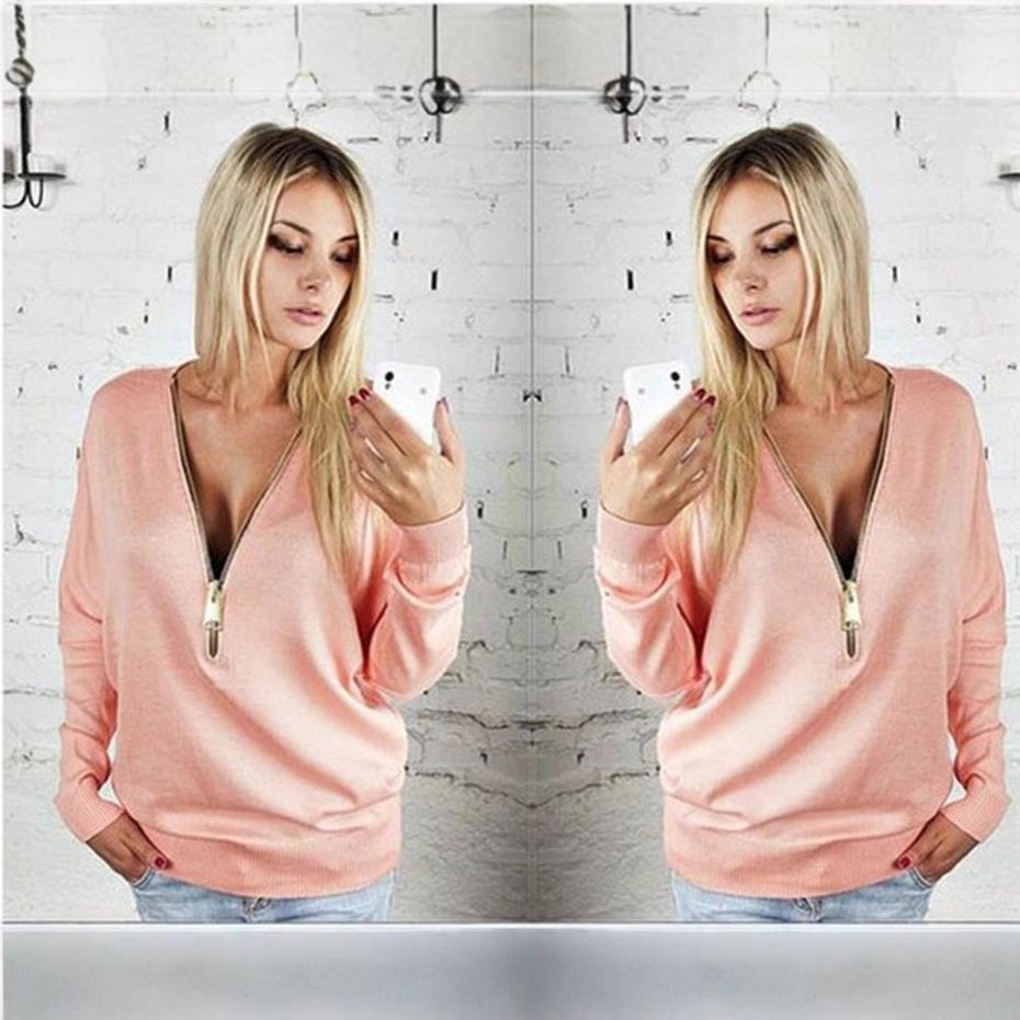 bat deep in V top long T-shirt zipper Sexy sleeve sleeve