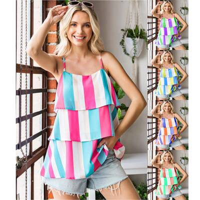 Womens Camisole Top Striped Pleated Layered