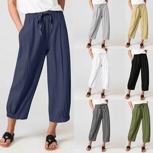 Drawstring Linen Cropped Pants Pockets Cotton with and