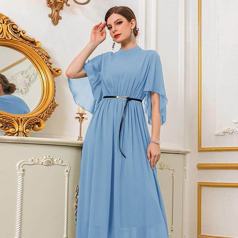 Fashionable trumpet solid collar sleeve color high dress