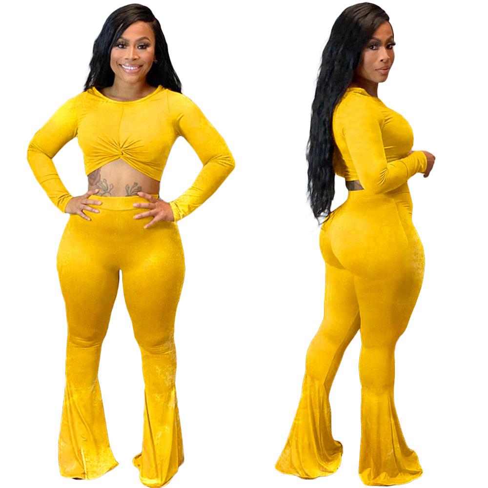 suit sleeve long pants flared velvet gold color solid sexy