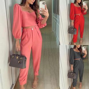 Solid Slim piece Short Top Loose Color Casual Pants Two Set