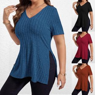 slit short tops shirt womens neck pullover sleeved