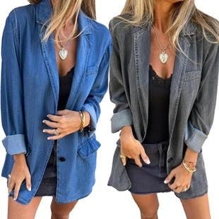 Pocket Solid Color Womens Sleeve Loose Long Denim Casual