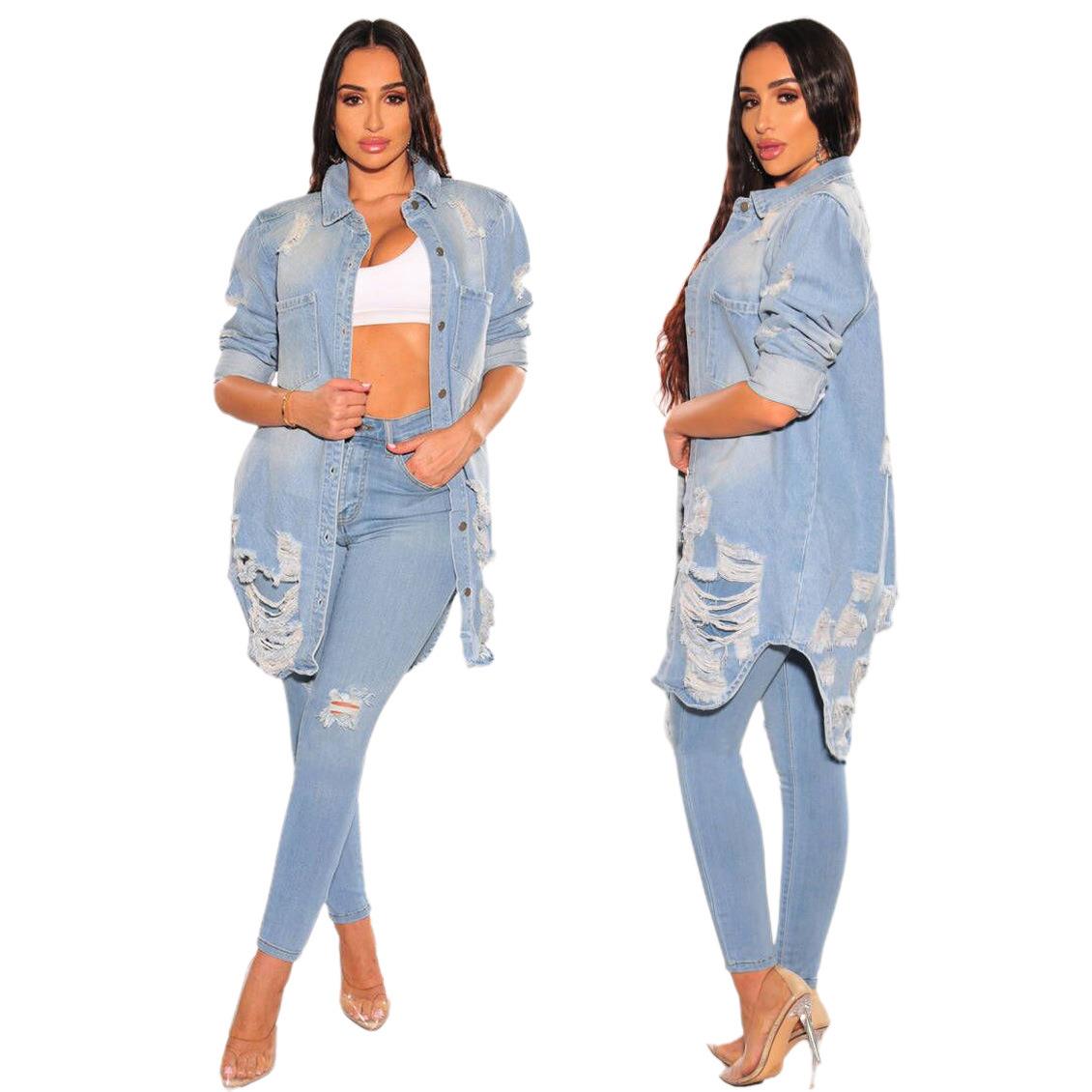Slim Fit Sexy Elastic Button Hip-hugging Ripped Denim Jacket