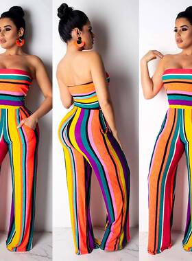 Sexy colorful outfit striped jumpsuit nightclub