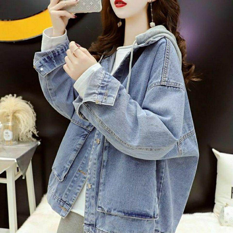 Womens loose hooded denim jacket all-match retro top