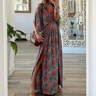neck autumn party dress floral vintage elegant women