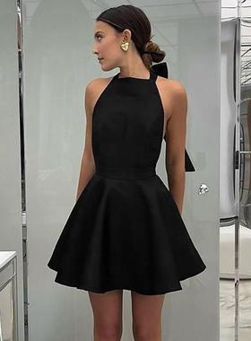 Sexy black high waist sleeveless halter neck dress fashion