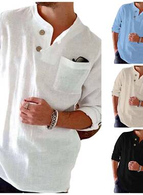 button-down and loose solid mens linen shirt Cotton casual