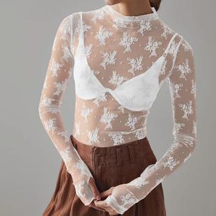 mesh Lace hollow sexy wear sleeve shirt casual