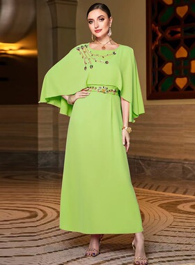 果绿色长裙不规则中东重工礼服聚会婚宴长袖连衣裙女气质优雅圆领