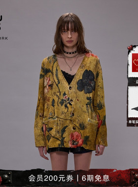 R13 明星同款复古做旧花卉印花针织开衫毛衣