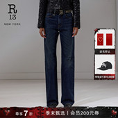 季 末甄选 R13 JANE 深靛蓝水洗复古做旧高腰微喇牛仔裤