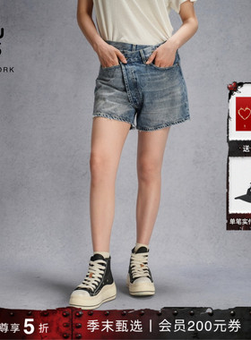 R13 CROSS OVER 复古浅色水洗裤交叉门襟牛仔短裤