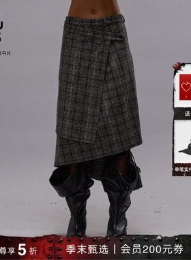 【明星同款】R13 复古做旧格纹不对称交叉裹身式半裙